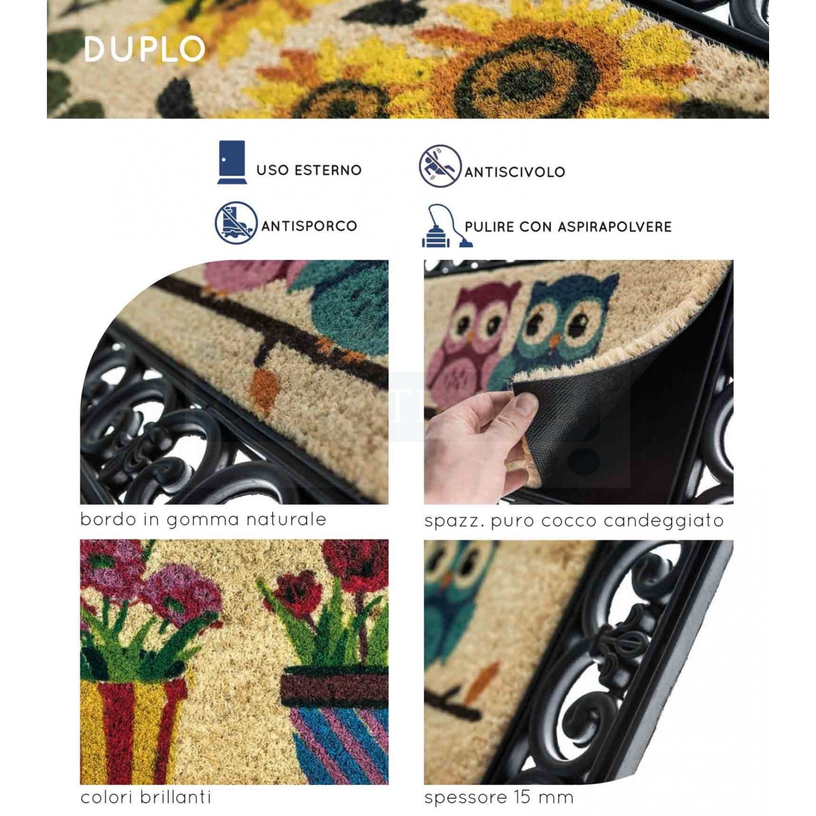 Mini Paillasson Coco Duplo Tulipani 23x53 Cm - Tapis D'Entrée Naturel Et Décoratif En Fibre De Coco
